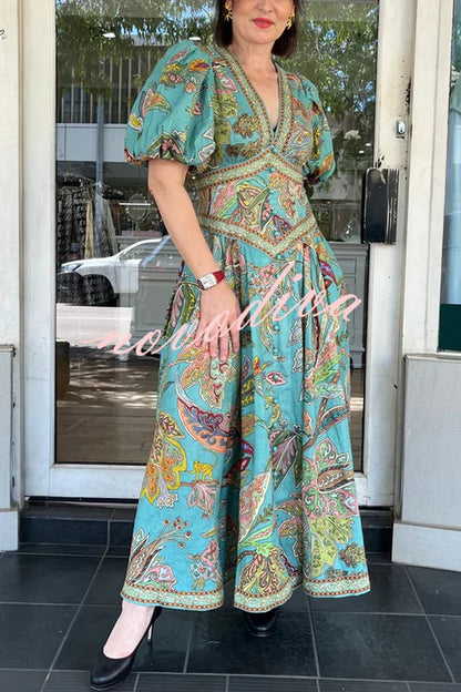 Chic Vacation Linen Blend Unique Print Button Puff Sleeve Pocket Maxi Dress