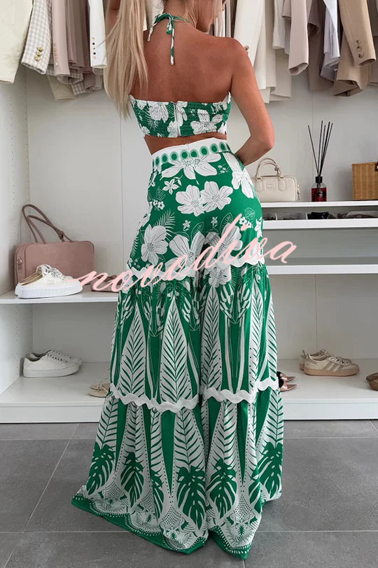 Cassie Ric Rac Trims Unique Print Halter Ring Tank and High Rise Wide Leg Pants Set