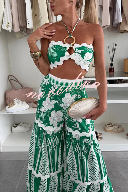 Cassie Ric Rac Trims Unique Print Halter Ring Tank and High Rise Wide Leg Pants Set