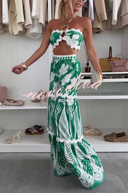 Cassie Ric Rac Trims Unique Print Halter Ring Tank and High Rise Wide Leg Pants Set
