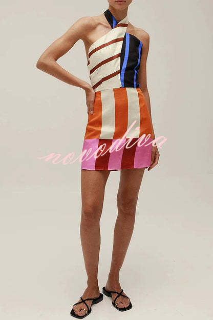 Jeniah Linen Blend Color Block Print Cross Halter Tie-up Loose Mini Dress