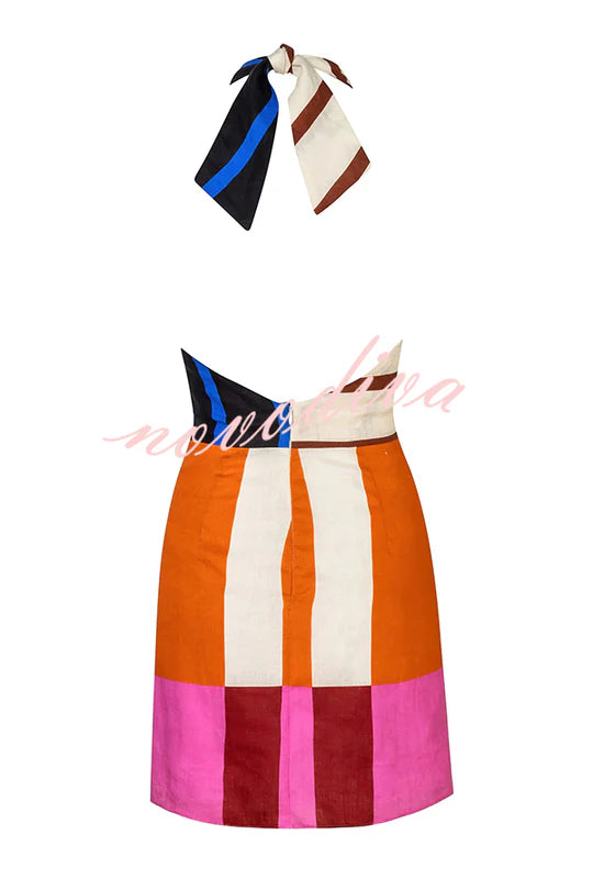 Jeniah Linen Blend Color Block Print Cross Halter Tie-up Loose Mini Dress