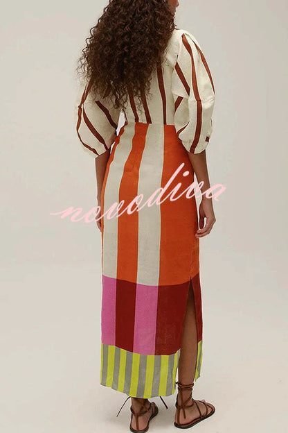 Kaya Linen Blend Color Block Print Front Cutout Knot Puff Sleeve Maxi Dress