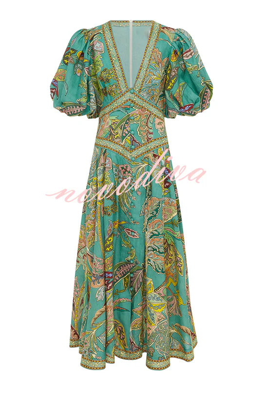 Chic Vacation Linen Blend Unique Print Button Puff Sleeve Pocket Maxi Dress