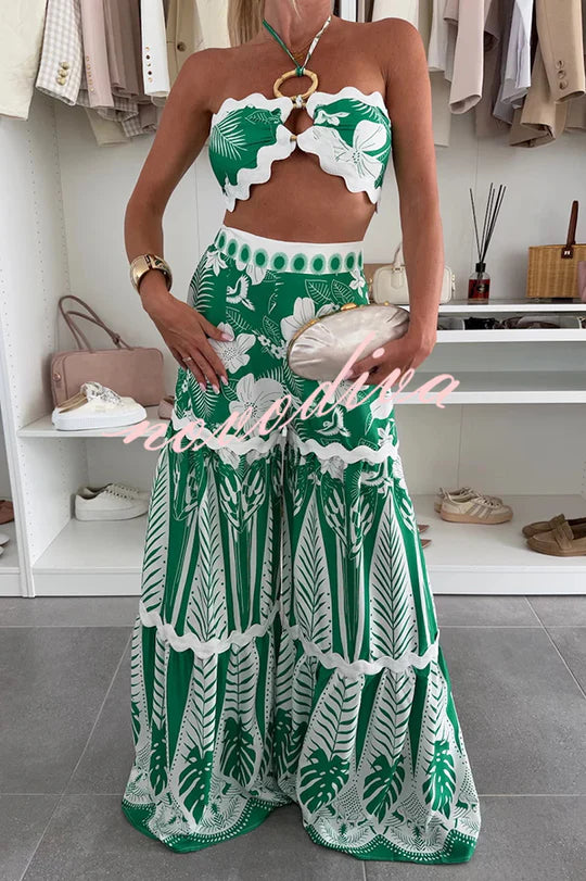 Cassie Ric Rac Trims Unique Print Halter Ring Tank and High Rise Wide Leg Pants Set
