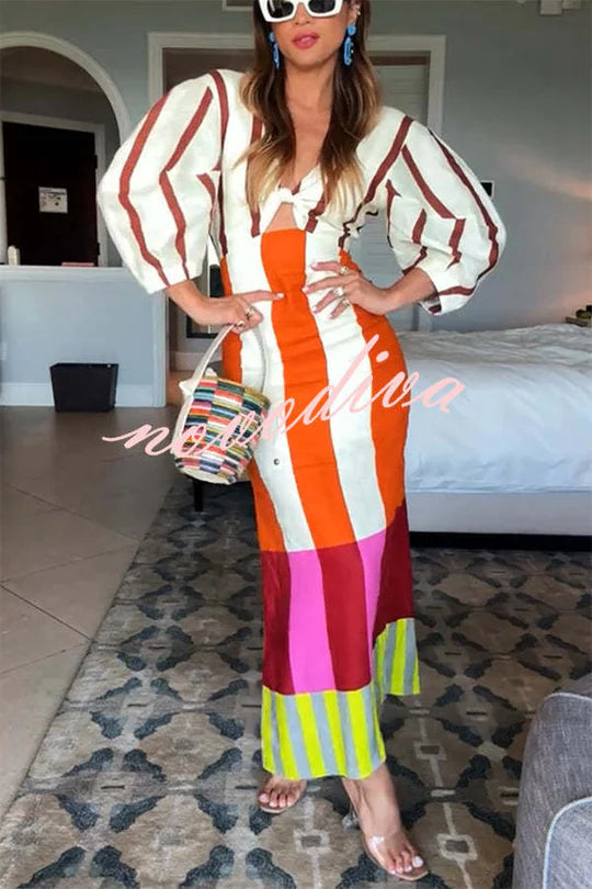 Kaya Linen Blend Color Block Print Front Cutout Knot Puff Sleeve Maxi Dress