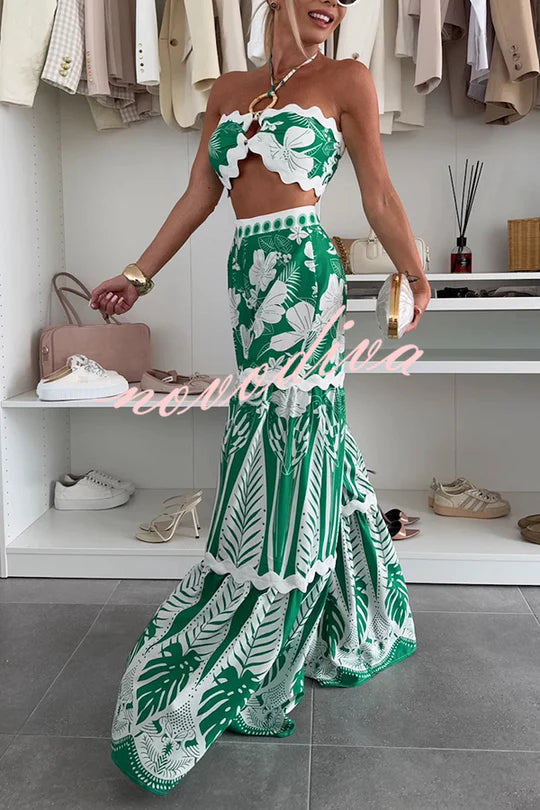 Cassie Ric Rac Trims Unique Print Halter Ring Tank and High Rise Wide Leg Pants Set